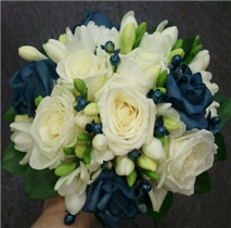 Teal, White Roses And freesia Bouquet